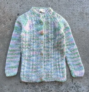 Vintage 1960s Cardigan Sweater Hand Knit in Italy Pink Sz S Wool & Mohair Blend - Picture 1 of 5