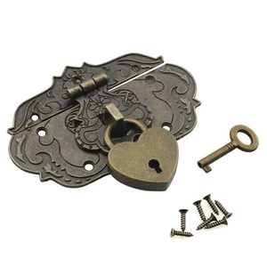 Zinc Alloy Wooden Box Hasp Latch and Heart-Shaped Padlock with Key and Mounting - Picture 1 of 4