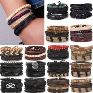 4pcs Fashion Mens Punk Handmade Leather Bracelet Braided Bangle Wristband Set - Picture 1 of 25