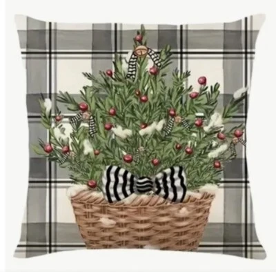 GARLAND TREE BASKET Plaid Christmas Throw Pillow Cover Winter Holiday Home Decor - Image 1 of 3