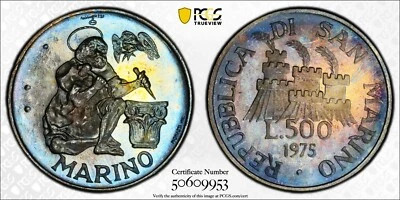 PCGS MS66 1975 San Marino Numismatic Agency 500 Lire Toned - Image 1 of 3