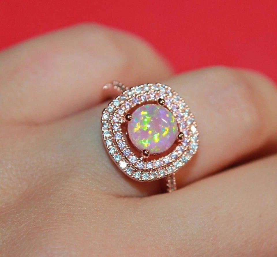 pink fire opal Cz ring 8.25 gemstone rose gold filled jewelry engagement band N - Image 1 of 4