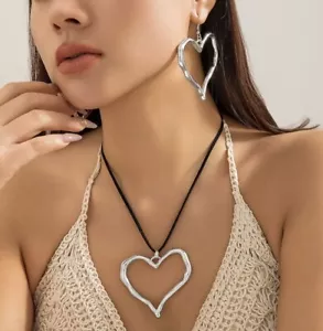Oversized Heart necklace Set Large statement silver metal pendant, Bohemian BOHO - Picture 1 of 6