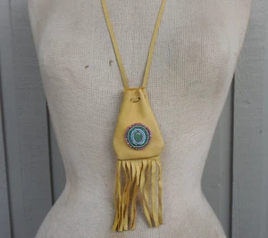 Aventurine Beaded Fringed Gold Buckskin Necklace Pouch Medicine Bag Coin Purse - Picture 1 of 6