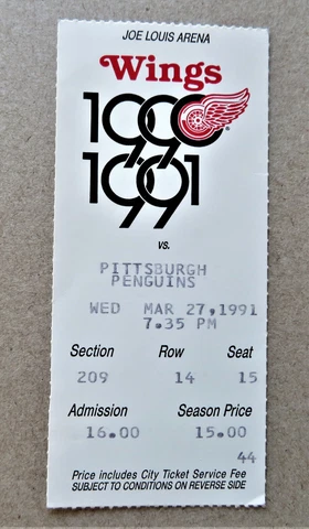 Red Wings vs Pittsburgh Penguins ticket stub Mar 27, 1991 -  Jagr Rookie / Cup Cover