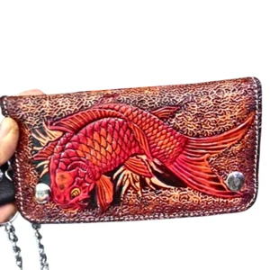 Wallet Cowboy Carp Carved Handmade Mens Leather Bifold Chain Biker New Year Gift - Picture 1 of 5