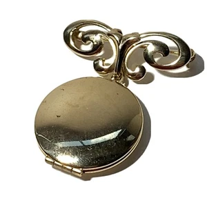 VINTAGE Gold Tone LOCKET CHARM PIN Round SWIRL TOP Dangle 1.75" - Picture 1 of 11