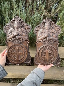 Hand-carved wooden Knight Shields with Saint Benedict Medallions christian decor - Picture 1 of 11