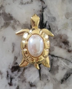 GIVENCHY Vintage 1990s Turtle Pin Signed Goldtone Base Oval Pearl Design Jewelry - Picture 1 of 5