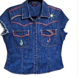 Tommy Jeans Vintage Top L/XL Denim Embroidered Western Boho Country Cowgirl - Picture 1 of 8