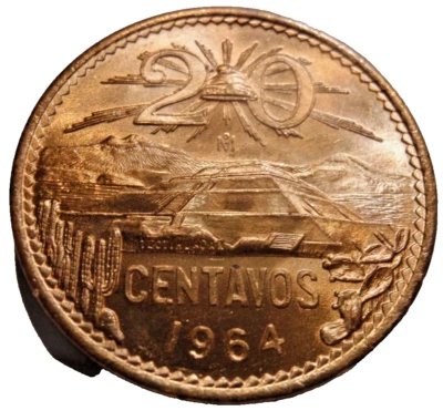 1964-MO 墨西哥 20 CENTAVOS "CENTS" 选择 BU 高等级硬币全光泽! — 第 1/4 张图片