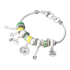 Peace Sign Charm Bracelet with White Dove Olive Branch and Silver Finish 7.5 L - Picture 1 of 5