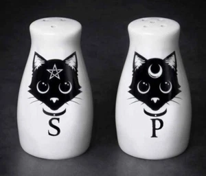 Mystical Cats, Salt & Pepper Set, Wiccan Pagan Star Moon Gothic, Alchemy England - Picture 1 of 3