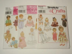 Lot 3 Simplicity Wardrobe For Baby Dolls in 3 Sizes Pattern 8956 5419 5415 UNCUT - Picture 1 of 8