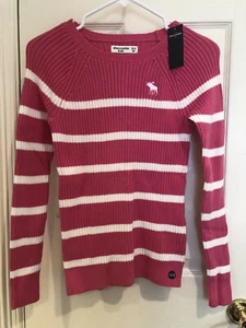 NWT Abercrombie Girl Logo Pink White Stripe Sweater Size 13/14 $29.95 - Picture 1 of 6