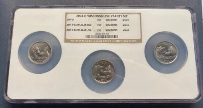 2004-D WISCONSIN 25c 3 COIN VARIETY SET EXTRA HIGH & LOW LEAF & REG. NGC MS 65 - Image 1 of 4