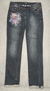 Vintage Y2K Ed Hardy Damenjeans Spell Out Totenkopf Blumen bestickt Bündchen 31 - Bild 1 von 16