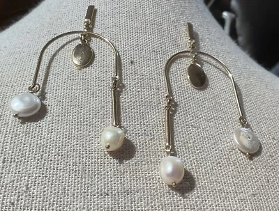 Natural White PEARL Gold Tone DANGLE EARRINGS Pierced Modernist 3” - Image 1 of 4
