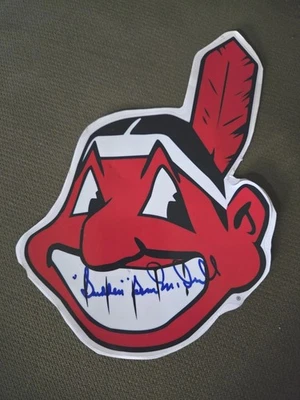 Chief Wahoo Decal w/ Sudden Sam McDowell Auto on it- Cleveland Indians, Yankees  - Image 1 of 3