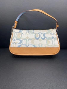 Bolso de Hombro Coach Mini Pochette Lona Cuero Óptico Azul Firma 7027 Bueno - Imagen 1 de 5