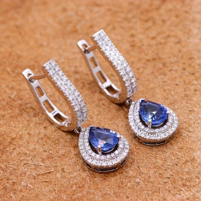 5.00 Ct Pear Cut Natural Sapphire Diamond Earring 14K Solid White Gold stud - Image 1 of 4