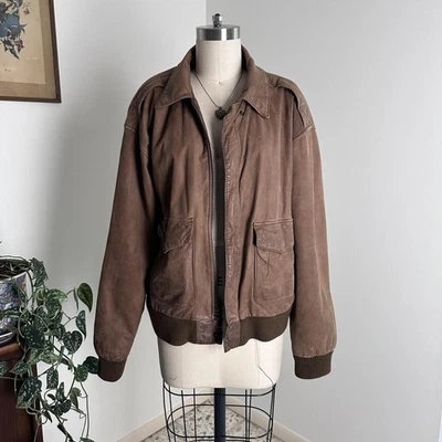 Vintage 90s hunters run brown leather jacket zip up bomber collar small - Image 1 of 4