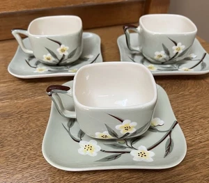 MCM Weil Ware Gray Green Blossoms 3 Teacups And Saucers California Pottery - Picture 1 of 23