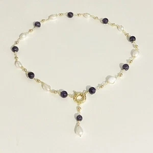 NEU 10k vergoldet Süßwasserperlen & Amethyst Handarbeit Halskette - Bild 1 von 3