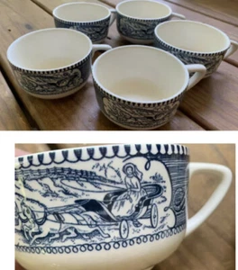 Royal China Currier & Ives Cups set of 5 Old Homestead Horse Blue White Mugs - Picture 1 of 6