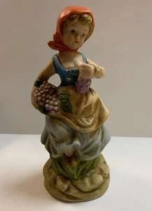 FIGURINE Vintage PORCELAIN FARM WOMAN WITH GRAPES  Kerchief Orange Girl Lady - Picture 1 of 4