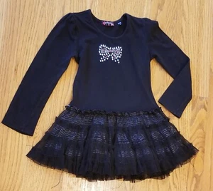 GIRLS SIZE 5~XS~BLACK LONG SLEEVE STRETCH TUTU DRESS~RUFFLE~NET~EMBELLISHED BOW - Picture 1 of 6