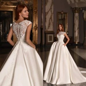 White Elegant Aline Wedding Dresses Highneck Sleeveless Appliqued Lace Court - Picture 1 of 8