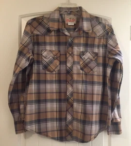 Men's Brown Plaid Snap Closure Long Sleeve Wrangler Western Shirt SZ L - Picture 1 of 12