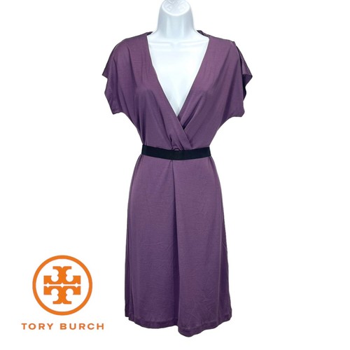 Abito donna Tory Burch XS 100% seta prugna lunghezza ginocchio manica svasata scollo V cintura