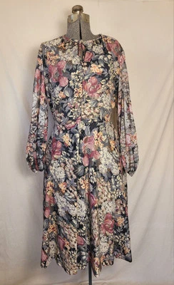 Vintage 60s 70s Floral Brown Dress Fit Flare Volup Size Large Mod Academia - Image 1 of 4