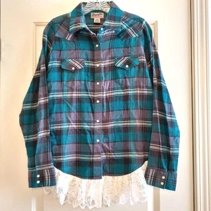 Wrangler Wrancher Teal Pearl Snap Flannel Shirt w/ Lace Ruffle M Cowgirl Ranch - Picture 1 of 5
