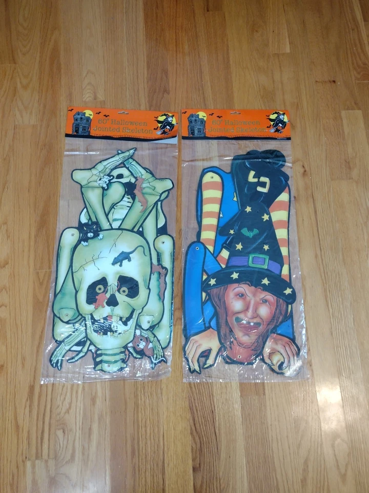 NOVO 2 Lote Vintage Articulado Halloween Die Cut Bruxa e Esqueleto Decoração Retrô Anos 80 90 - Imagem 1 de 4
