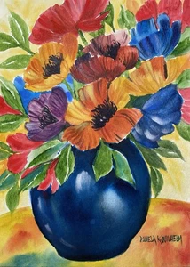 8 X 10 Original Pamela Wilhelm Watercolor Deep Blue Vase Whimsical Flowers - Picture 1 of 2