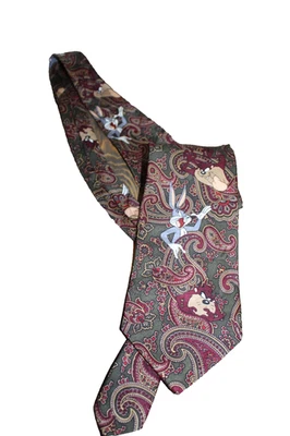 Looney Tunes Tie Bugs Bunny Tazmanian Devil Paisley Verde y Rojo De Colección 1993 Foto 1 de 3
