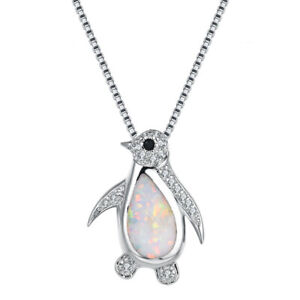 Fashion Silver Penguin White Simulated Opal Pendant Necklace Wedding Jewelry