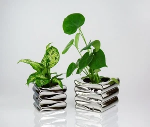 LARGE Flower Pot Planter Silver Waves Home Decor Modern Plant Holder Pots - Picture 1 of 6