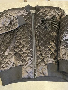 Suzelle 100% Silk Quilted Sz 14 Black Full Zip Jacket Sequins Embroidered Heart - Picture 1 of 7