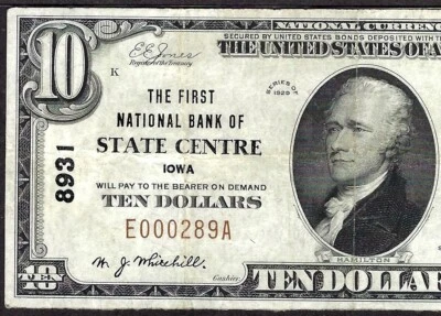 🇺🇸 IA 1929 $10 ♚♚ STATE CENTRE, IOWA ♚♚ PMG VERY FINE 30 HARD TO FIND! - Image 1 of 3