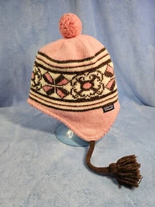 PATAGONIA Kids 100%  Wool Beanie Hat Size Sm Pink W/ Brown Stripe, Poly   Lining - Picture 1 of 14