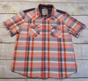 Guess Regular Fit Mens Blue Orange Plaid Short Sleeve Shirt Button Cotton Large - Picture 1 of 5