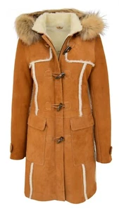 Womens Sheepskin Duffle Coat 3/4 Length Detachable Hooded Parka Beth Tan White - Picture 1 of 8
