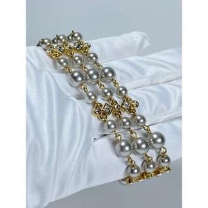 Givenchy Multi Strand Silver Faux Pearl Rhinestone Crystal Gold Tone Bracelet - Picture 1 of 9