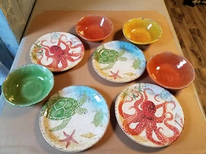 Lot of 8 Piece Octopus Turtle Sea Life Pier 1 Melamine Dinner Plates and Bowls - Picture 1 of 9