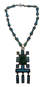 VINTAGE MEXICO TS-18 HANDMADE STERLING SILVER INLAID TURQUOISE PENDANT NECKLACE - Picture 1 of 17