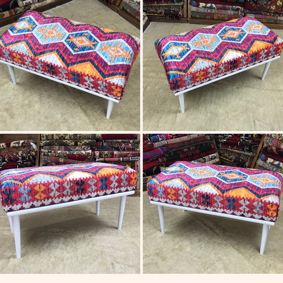 Handmade Kilim Upholstered Ottoman Footstool Piano Entryway Bedroom Bench - Image 1 of 4